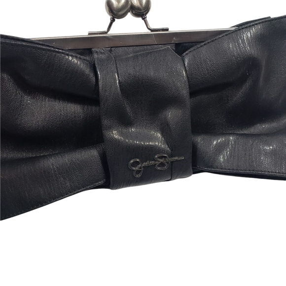 Jessica Simpson Black Faux Leather Bow Clutch Wristlet Detachable Wallet Keyring - Picture 3 of 11